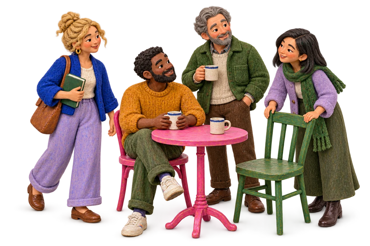 An illustration of people making room for company in an everyday setting.